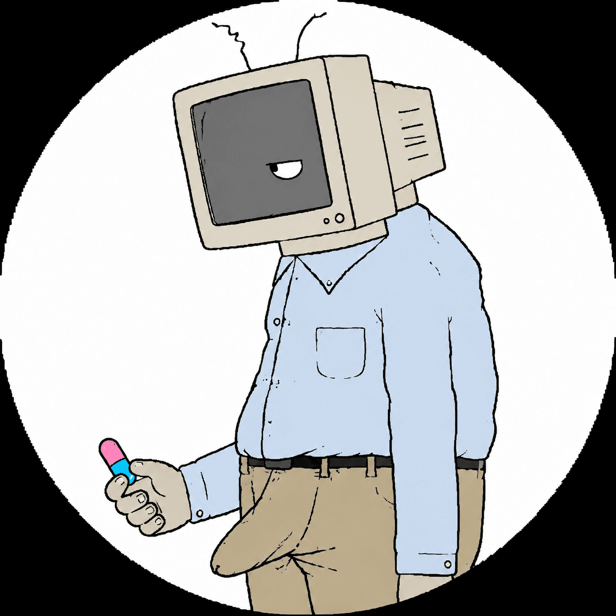 A deliberately awkward computer-headed mascot holding a capsule